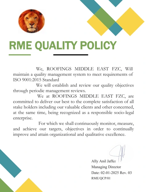Signed Roofings Middle East quality policy