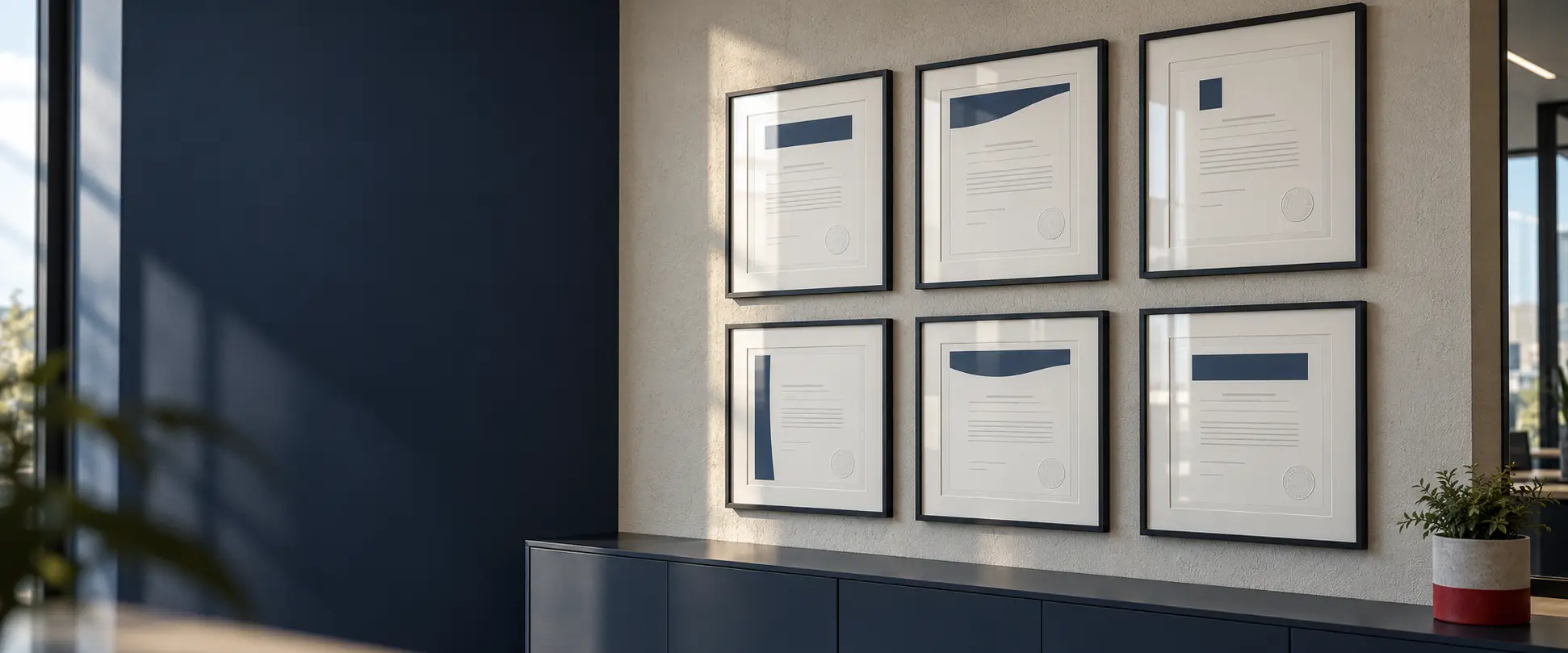 Illustrative framed certification documents on a corporate office wall