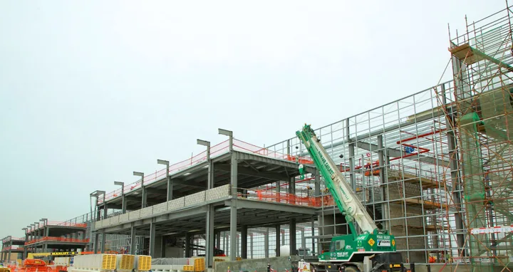Multi-level steel framework at a Roofings Middle East project