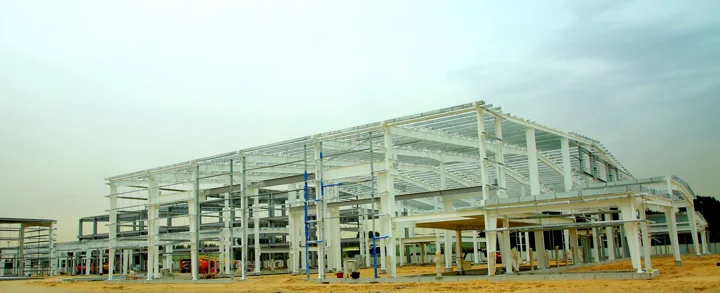 Steel building assembly at a Roofings Middle East project