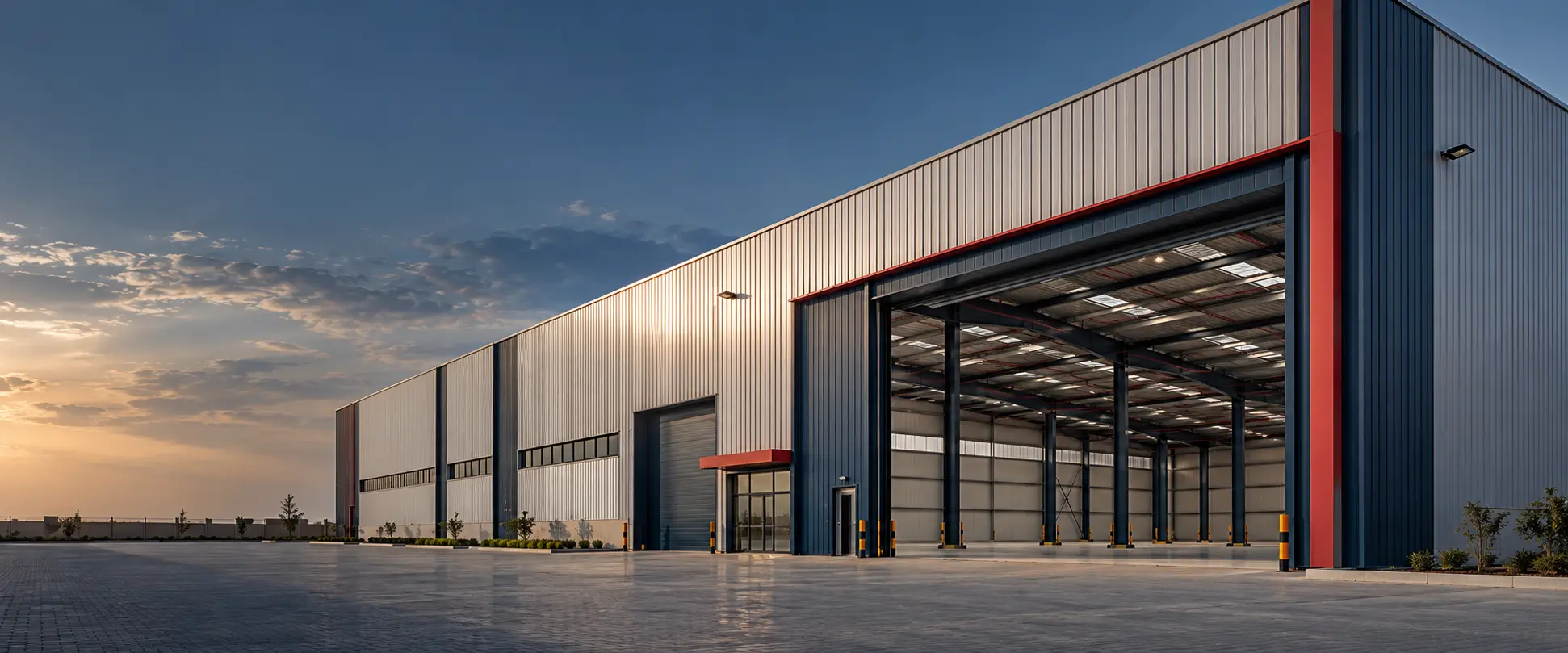 Conceptual steel building with silver cladding and red structural accents